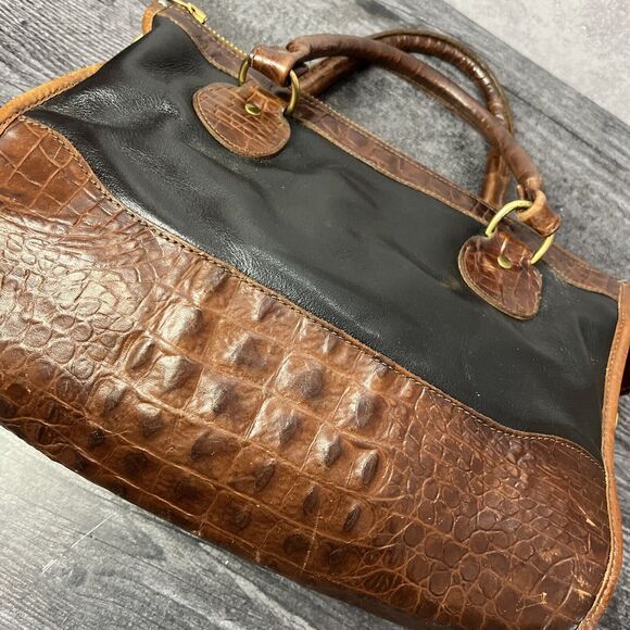 BRAHMIN HANDBAG BLACK  PURSE WITH  BROWN  CROCODILE ALLIGATOR AND GOLD  ACCENTS - Picture 9 of 13